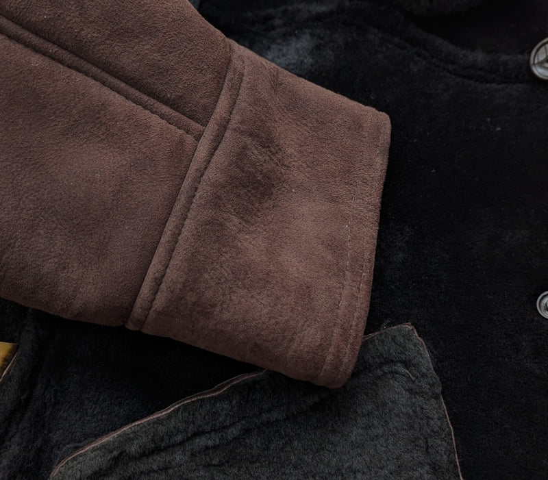 Vintage British Leather Lambsuede Shearling DB Coat L/42 Dark Brown