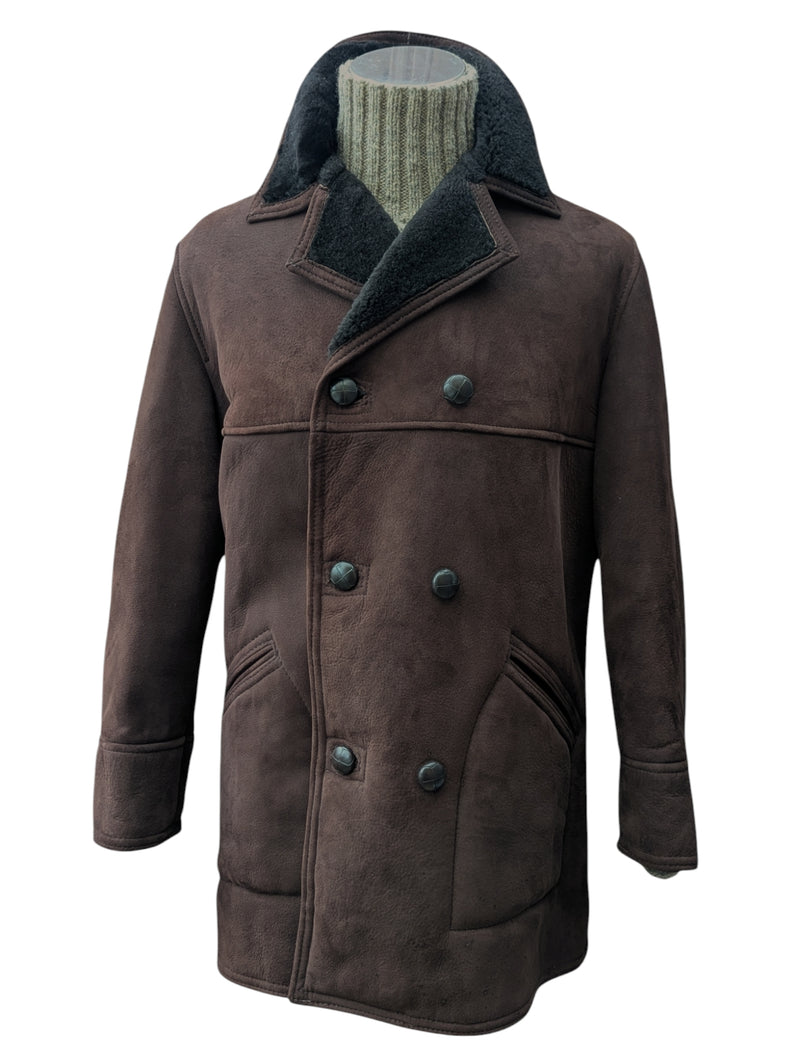 Vintage British Leather Lambsuede Shearling DB Coat L/42 Dark Brown