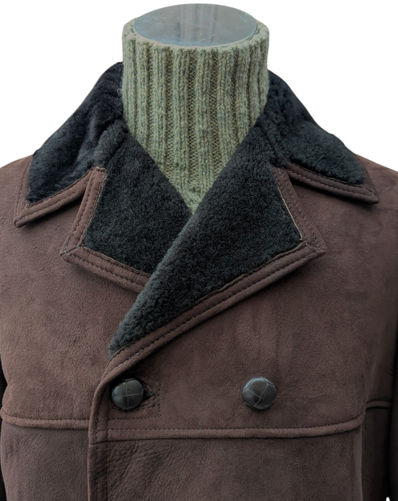 Vintage British Leather Lambsuede Shearling DB Coat L/42 Dark Brown