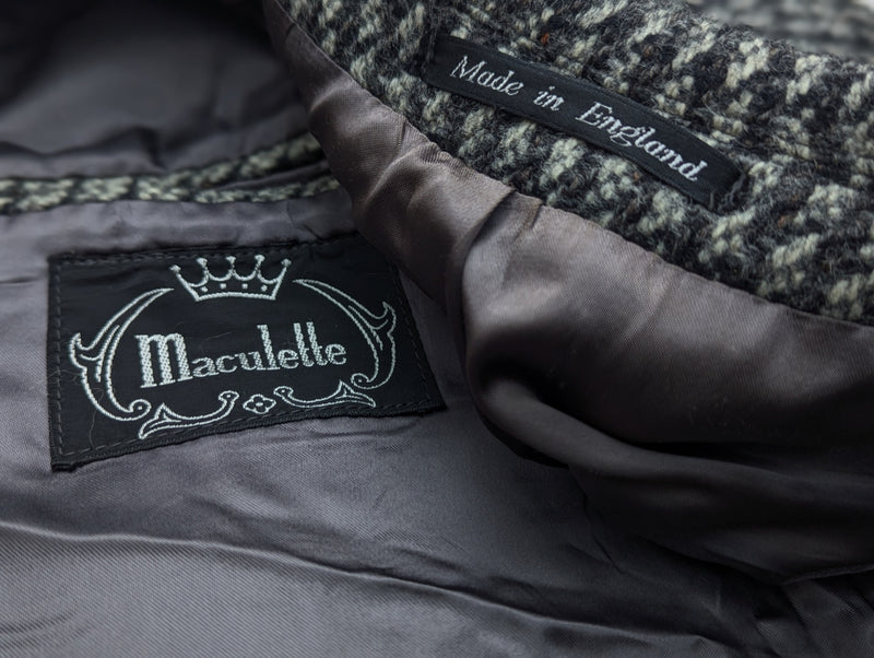 Vintage Maculette England Balmacaan Raglan Coat 40/42R Grey Check Wool Tweed