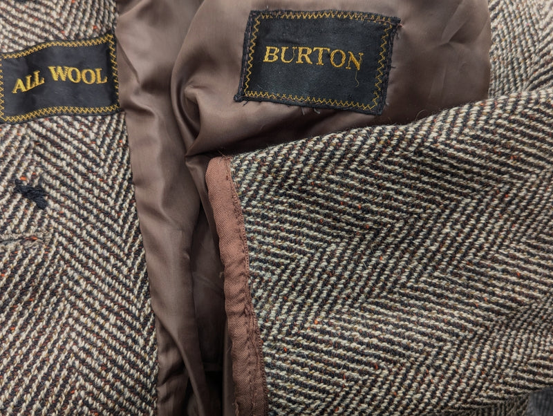 Vintage Burton England Coat S/38R Brown Herringbone Donegal Wool Tweed