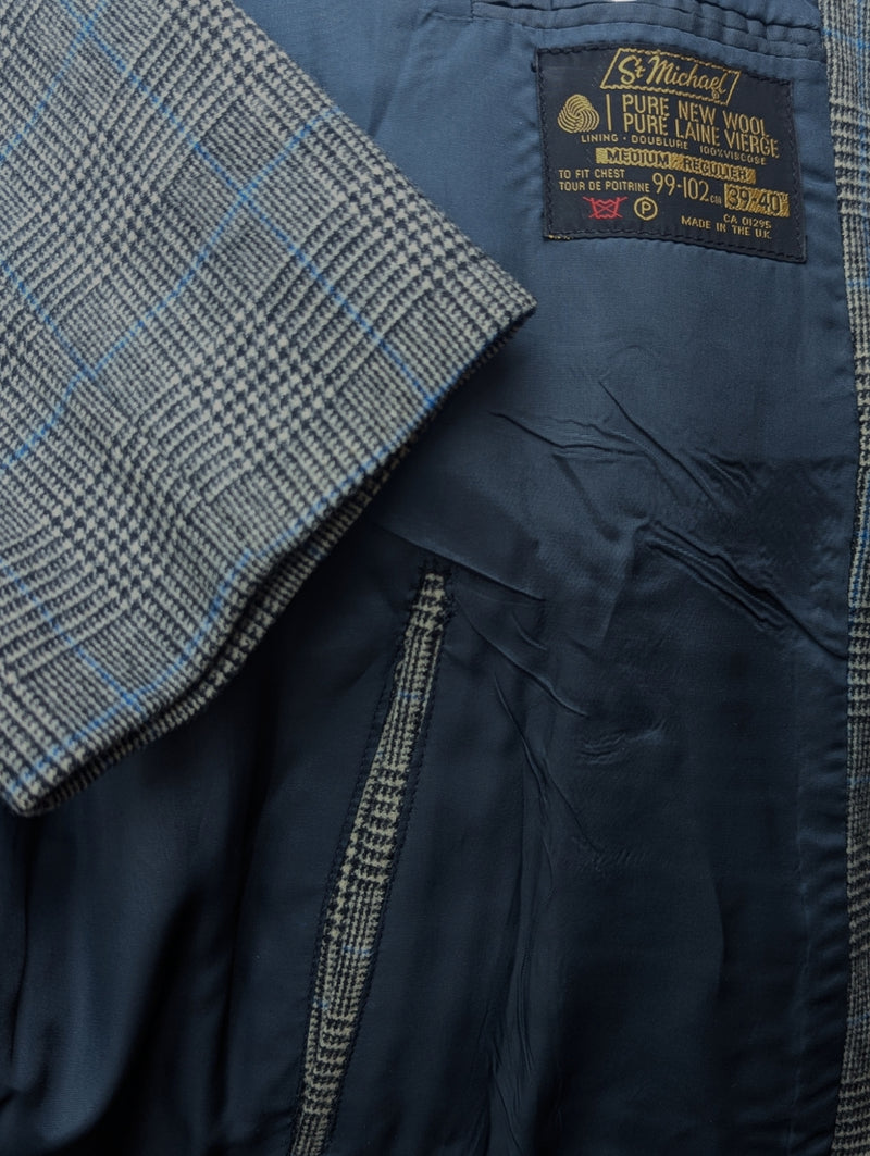 Vintage St. Michael British Raglan Balmacaan Coat L/42R Grey with Blue Plaid