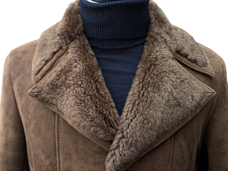 Vintage German Leather Lambsuede Shearling Coat S Brown