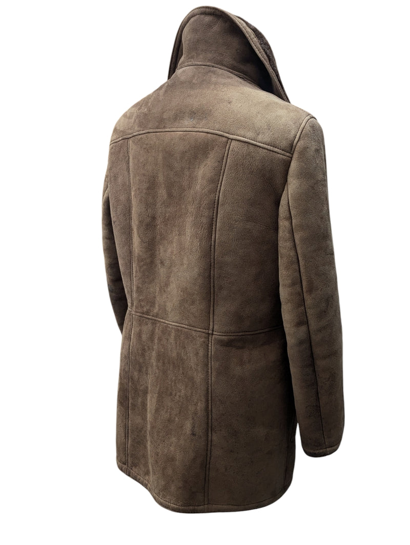 Vintage German Leather Lambsuede Shearling Coat S Brown