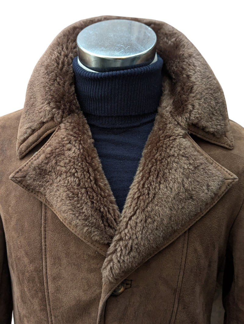 Vintage German Leather Lambsuede Shearling Coat S Brown