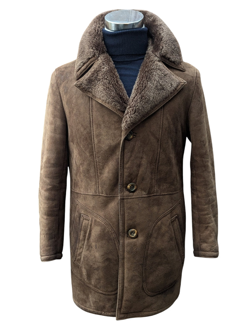 Vintage German Leather Lambsuede Shearling Coat S Brown