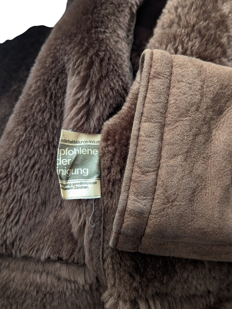 Vintage German Leather Lambsuede Shearling Coat S Brown
