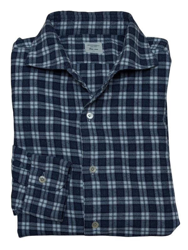 Mazzarelli Shirt M Blue/White Plaid Brushed Cotton