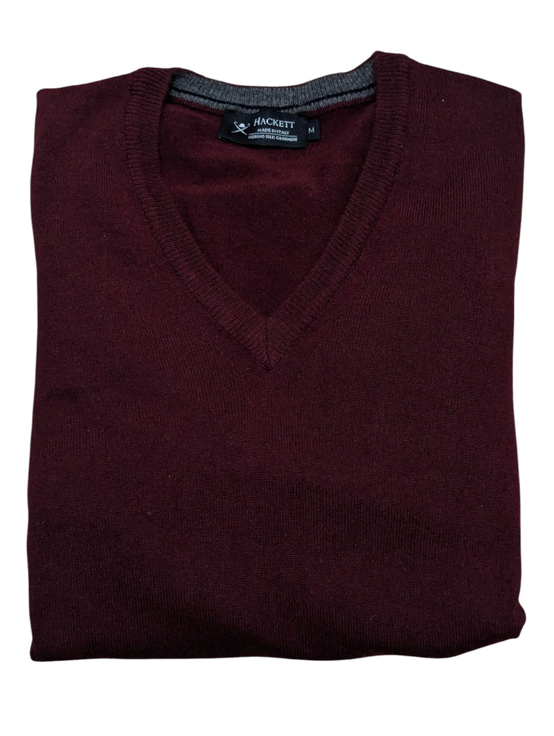 Hackett Sweater M Claret V-neck Wool/Silk/Cashmere