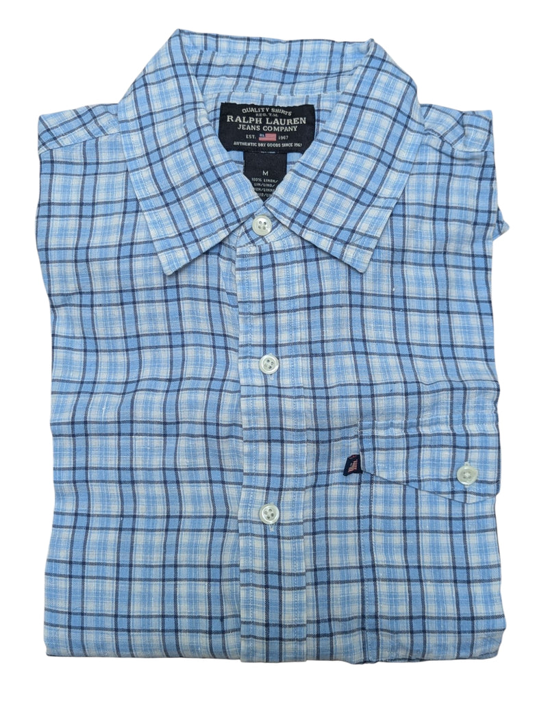 Ralph Lauren Shirt M SS Blue/White Plaid Linen