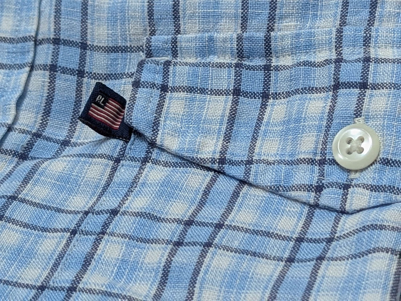 Ralph Lauren Shirt M SS Blue/White Plaid Linen