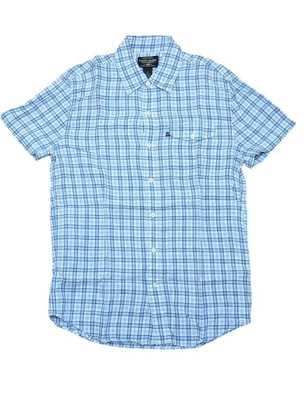 Ralph Lauren Shirt M SS Blue/White Plaid Linen