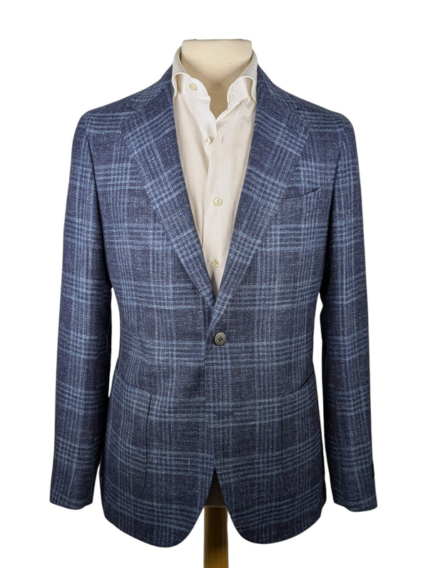 Benjamin Zegna Sport Coat Blue Plaid Soft Shoulder Wool/Silk/Linen