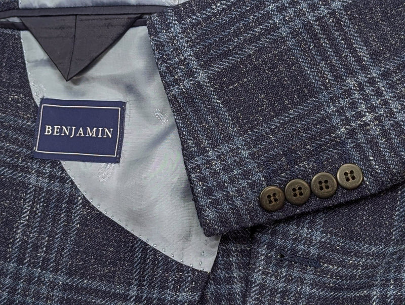 Benjamin Zegna Sport Coat Blue Plaid Soft Shoulder Wool/Silk/Linen