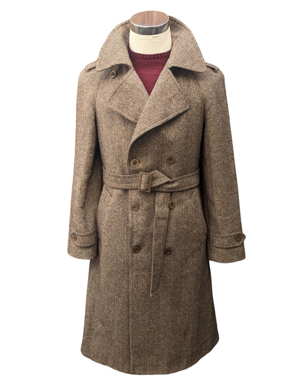 Vintage DB Raglan Balmacaan Coat S 36/38R Light Brown Herringbone Tweed Wool