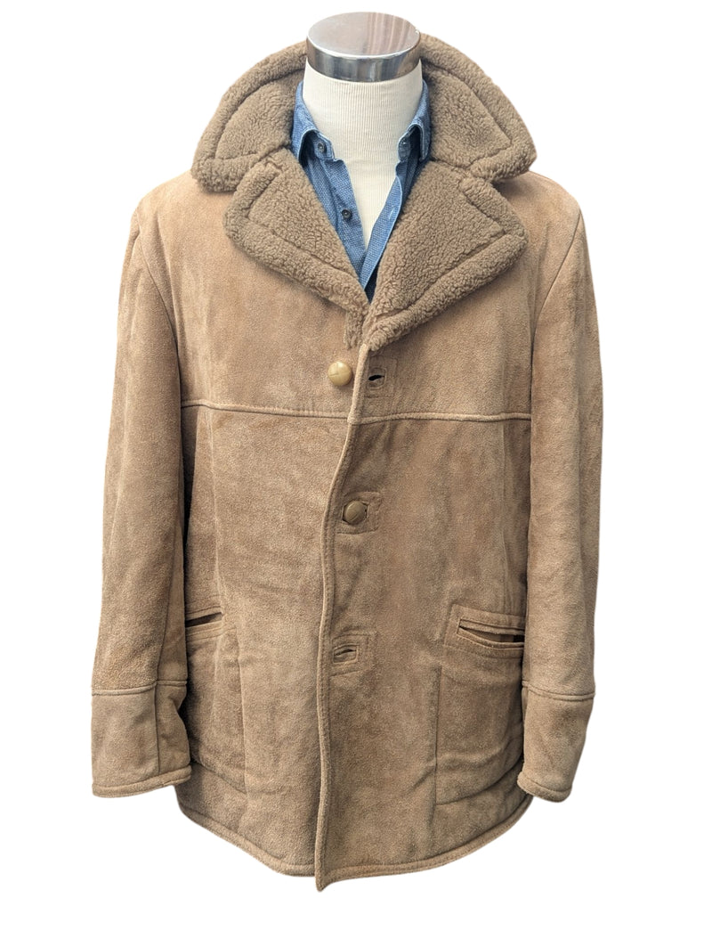 Vintage Morley's Leather Lambsuede Shearling Coat L Beige Handmade in England