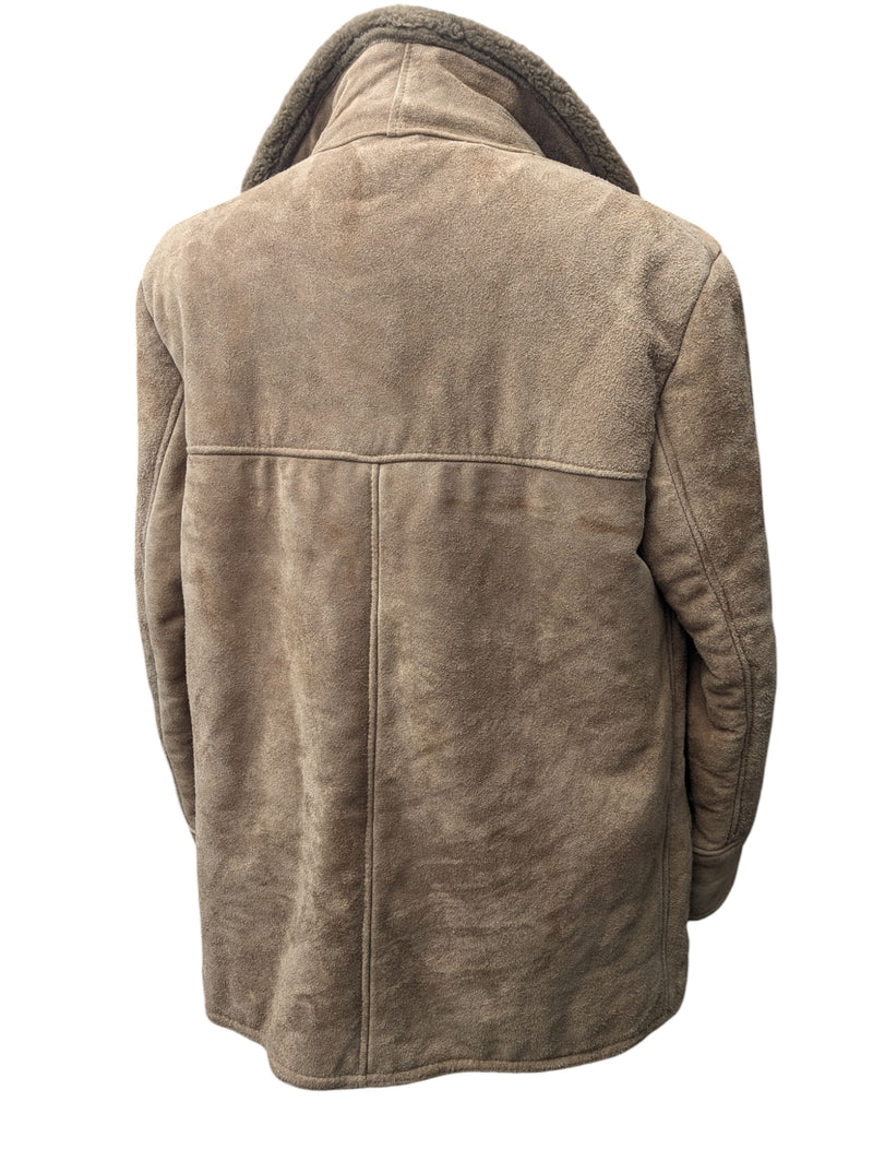 Vintage Morley's Leather Lambsuede Shearling Coat L Beige Handmade in England