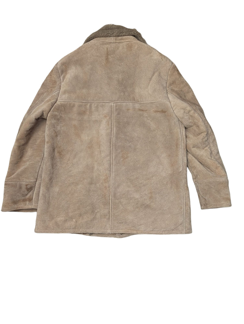 Vintage Morley's Leather Lambsuede Shearling Coat L Beige Handmade in England