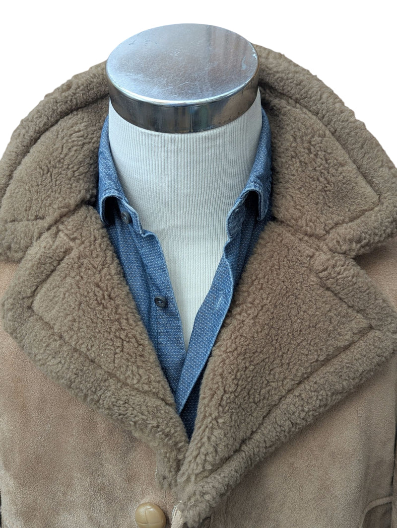 Vintage Morley's Leather Lambsuede Shearling Coat L Beige Handmade in England