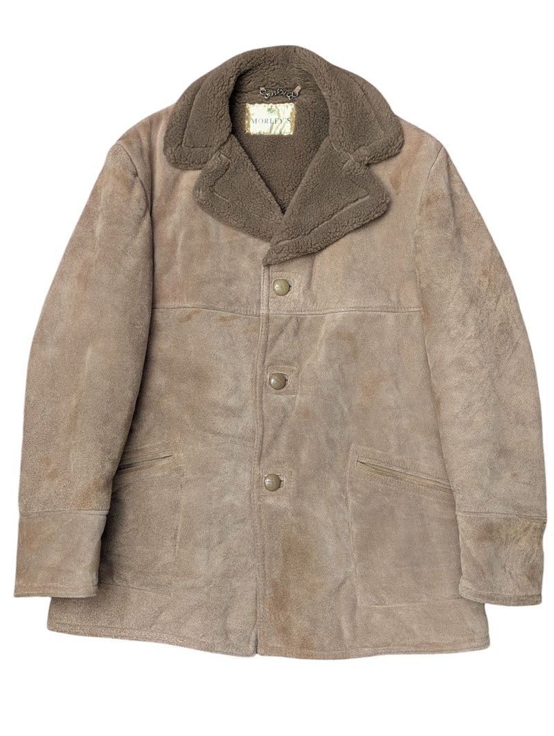 Vintage Morley's Leather Lambsuede Shearling Coat L Beige Handmade in England
