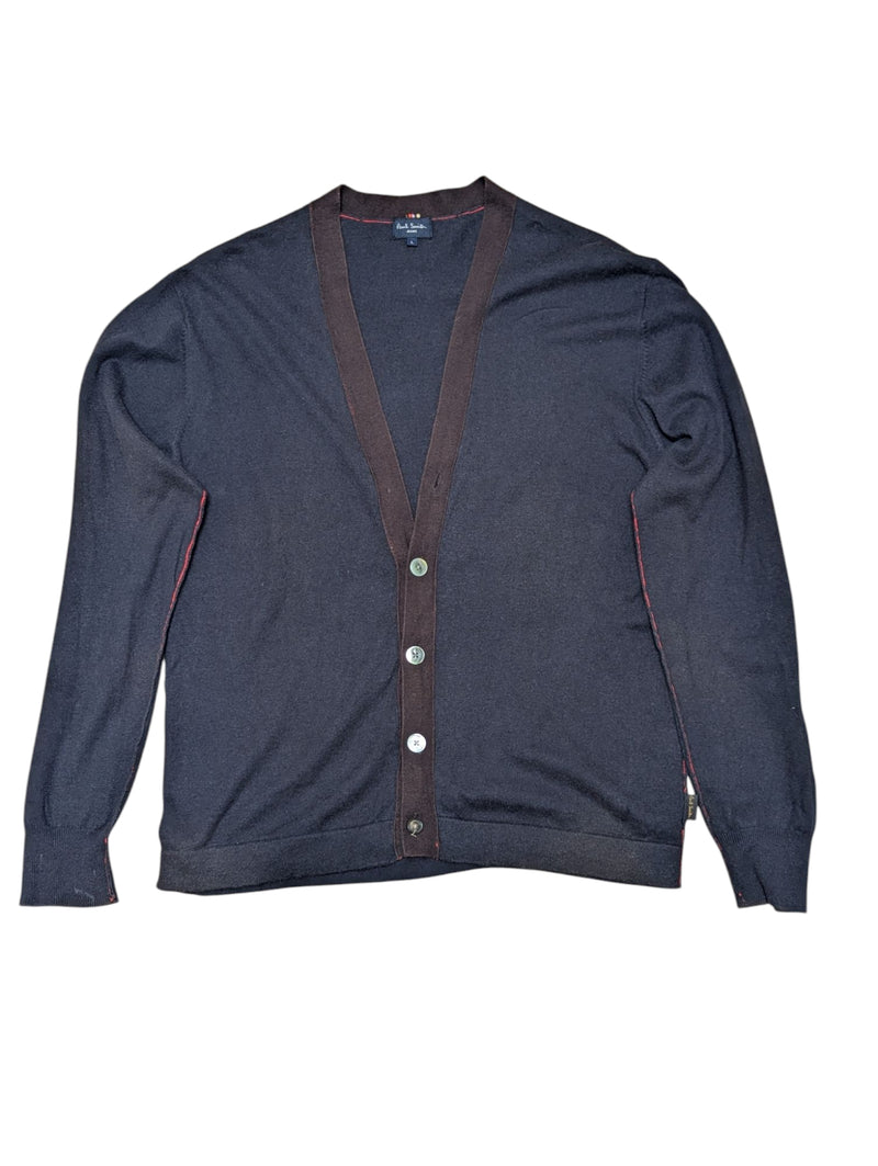 Paul Smith Cardigan Sweater L Navy Brown Trimmed Cotton/Wool