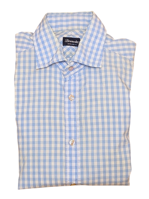 Drumohr Shirt M 15.75 White/Sky Blue Check Pure Cotton