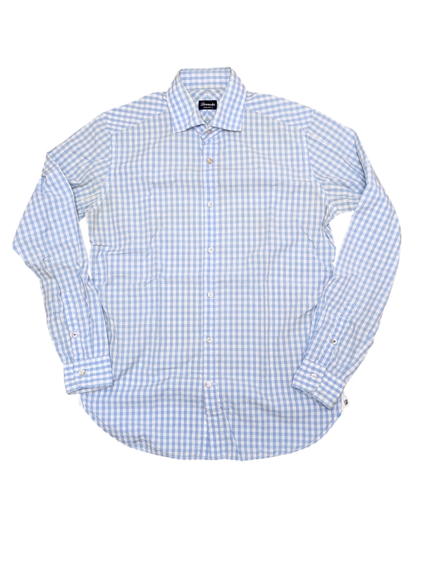 Drumohr Shirt M 15.75 White/Sky Blue Check Pure Cotton