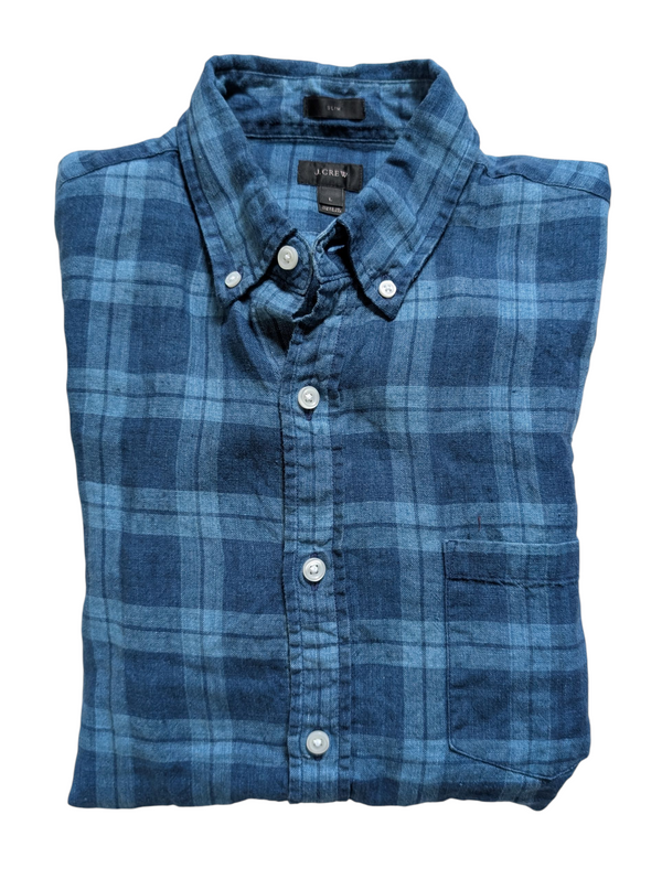 J. Crew Shirt L Slim Blue Plaid Baird McNutt Linen