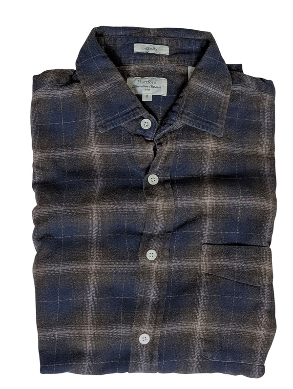 Hartford Shirt M Navy/Brown Cotton Flannel