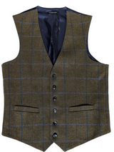 Austin Reed Royal Warrant Vest S/38R Olive with blue windowpane Wool Tweed