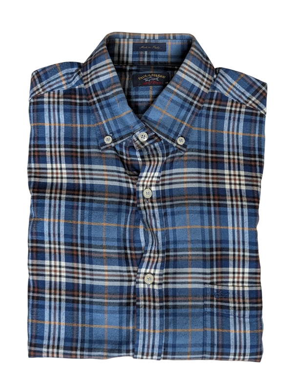 Paul & Shark Shirt M Blue Plaid Cotton Flannel Italy