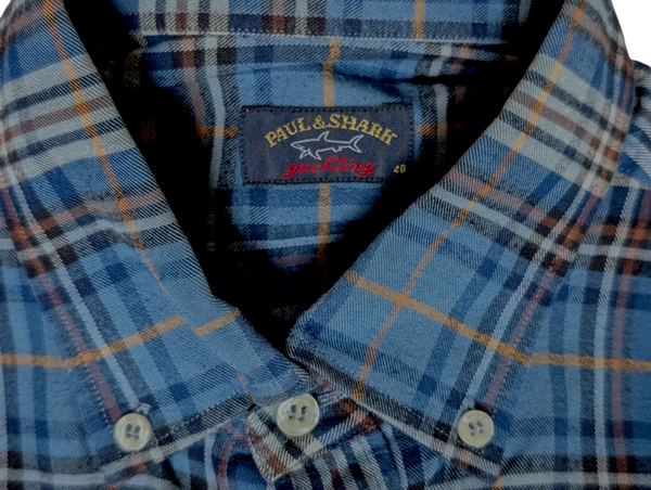 Paul & Shark Shirt M Blue Plaid Cotton Flannel Italy