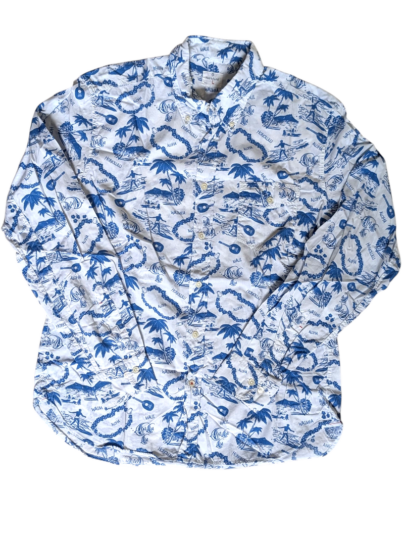 Hartford Shirt L Blue/White Hawaii Surf Print Cotton