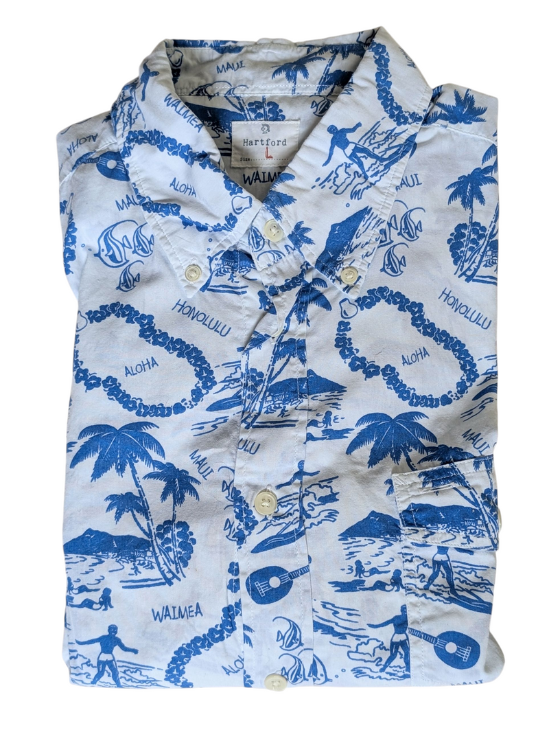 Hartford Shirt L Blue/White Hawaii Surf Print Cotton