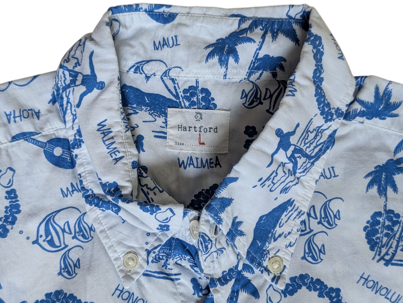 Hartford Shirt L Blue/White Hawaii Surf Print Cotton
