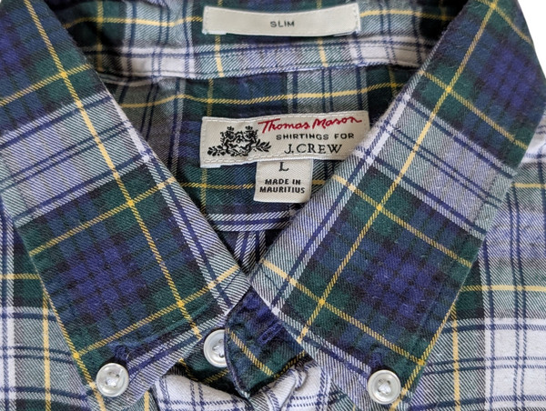 J. Crew Shirt L Slim Blue Gordon Plaid Thomas Mason Cotton