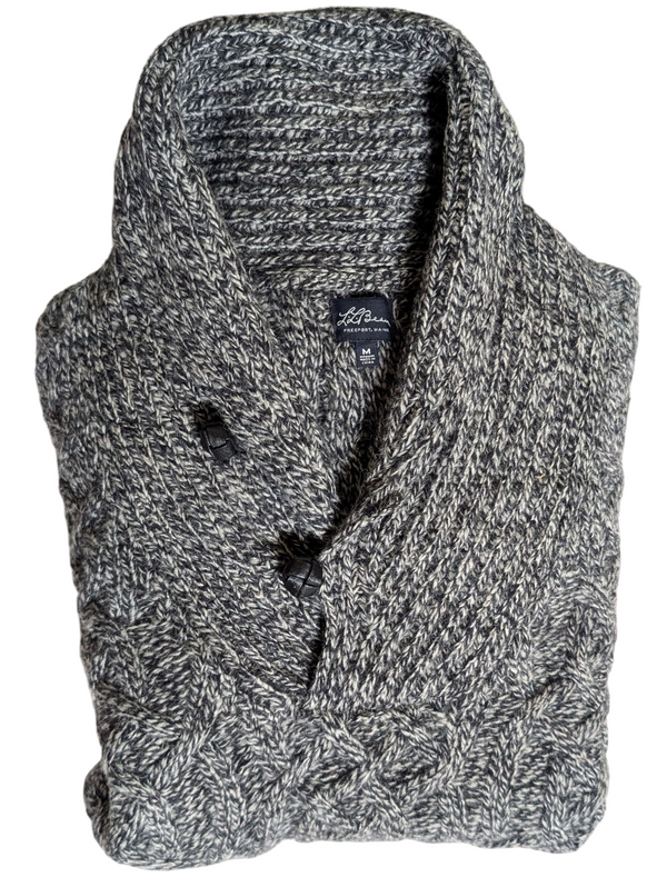 L.L. Bean Sweater M Grey Marled Shawl Collar Pullover Shetland Wool