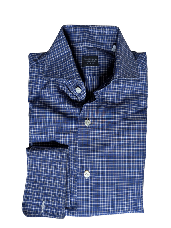 Finamore Napoli Shirt 15.5 Blue Plaid French Cuffs Cotton