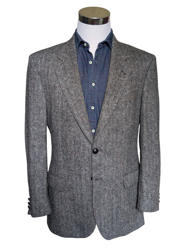 Vintage British Sport Coat 40R Grey Donegal Herringbone 2-button Wool Tweed