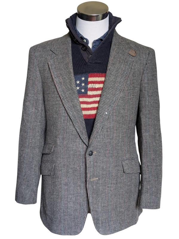 Vintage Sport Coat 42R Grey with Red/Blue 2-button Wool Tweed