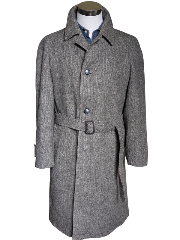 Vintage Kindler Tweed Belted Balmacaan Coat 40/42R Earthy Grey Herringbone 3-button pure wool