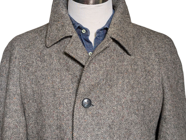 Vintage Kindler Tweed Belted Balmacaan Coat 40/42R Earthy Grey Herringbone 3-button pure wool