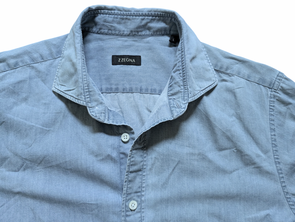 Zegna Shirt M (L Slim) Washed Light Blue Cotton Denim