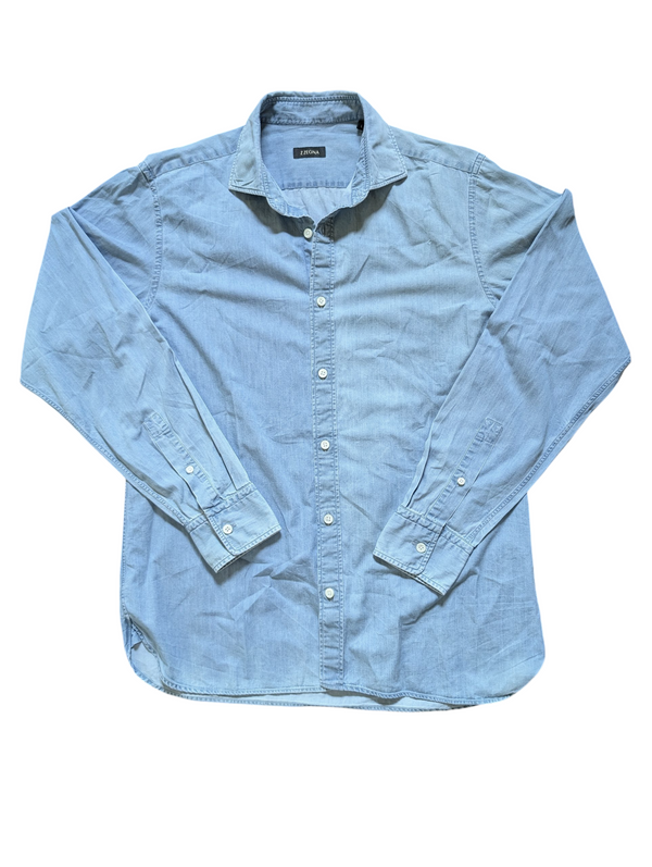 Zegna Shirt M (L Slim) Washed Light Blue Cotton Denim