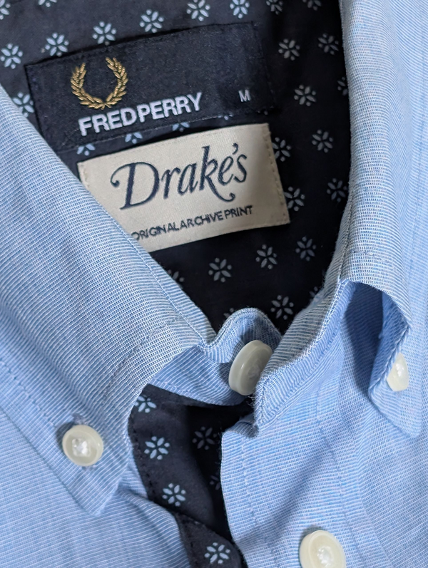 Drake's x Fred Perry Shirt M Blue Slim Fit Cotton
