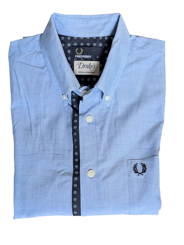 Drake's x Fred Perry Shirt M Blue Slim Fit Cotton