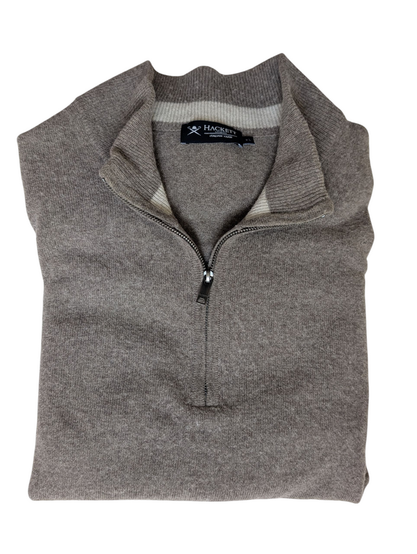 Hackett Sweater XL Mushroom Beige Half Zip Wool Blend