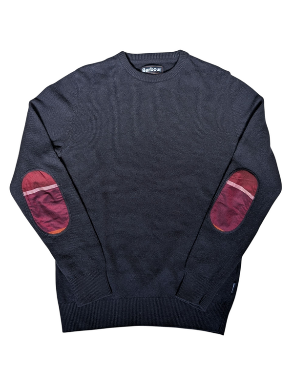 Barbour Sweater S Navy Plaid Elbows Cotton/Wool