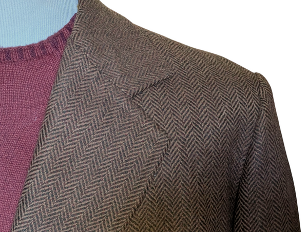 Crombie Coat 44R Brown Herringbone 3-button Wool Tweed Crombie