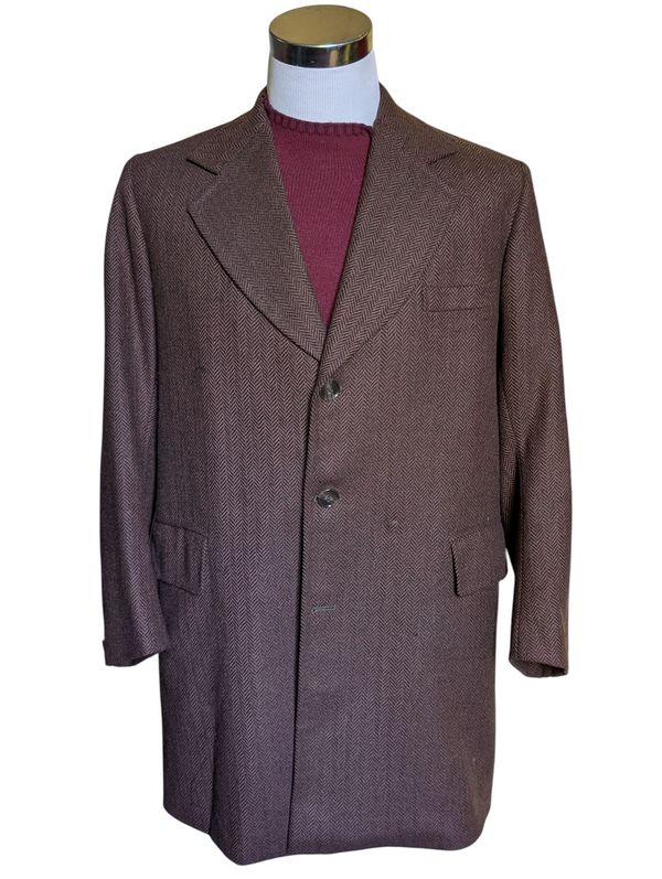 Crombie Coat 44R Brown Herringbone 3-button Wool Tweed Crombie